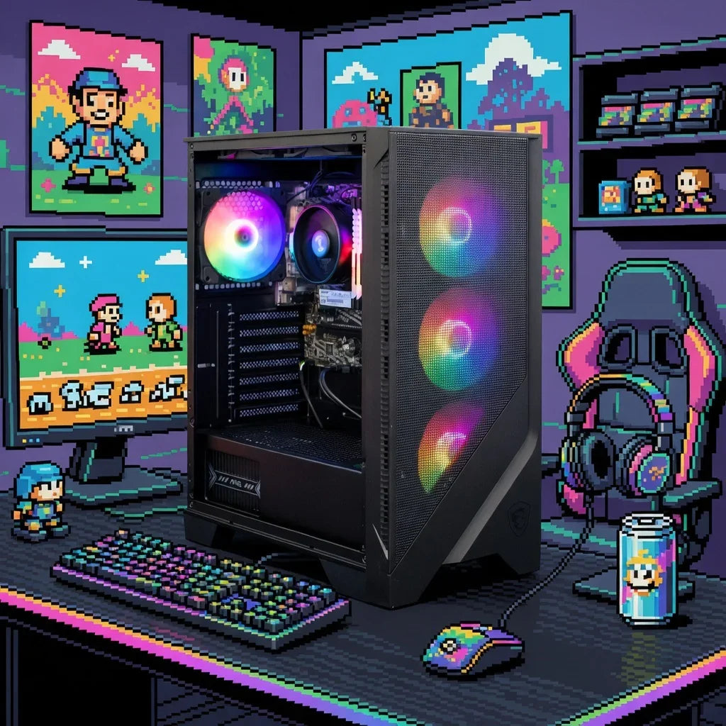 RGB gaming PC with retro 8-bit decor, mechanical keyboard, mouse, and pixel art theme