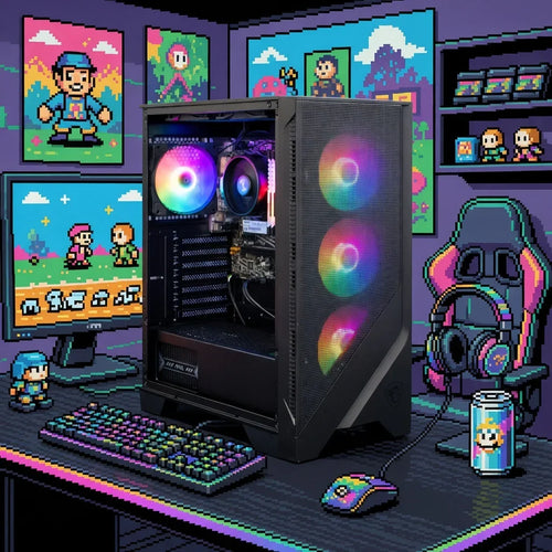 RGB gaming PC with retro 8-bit decor, mechanical keyboard, mouse, and pixel art theme