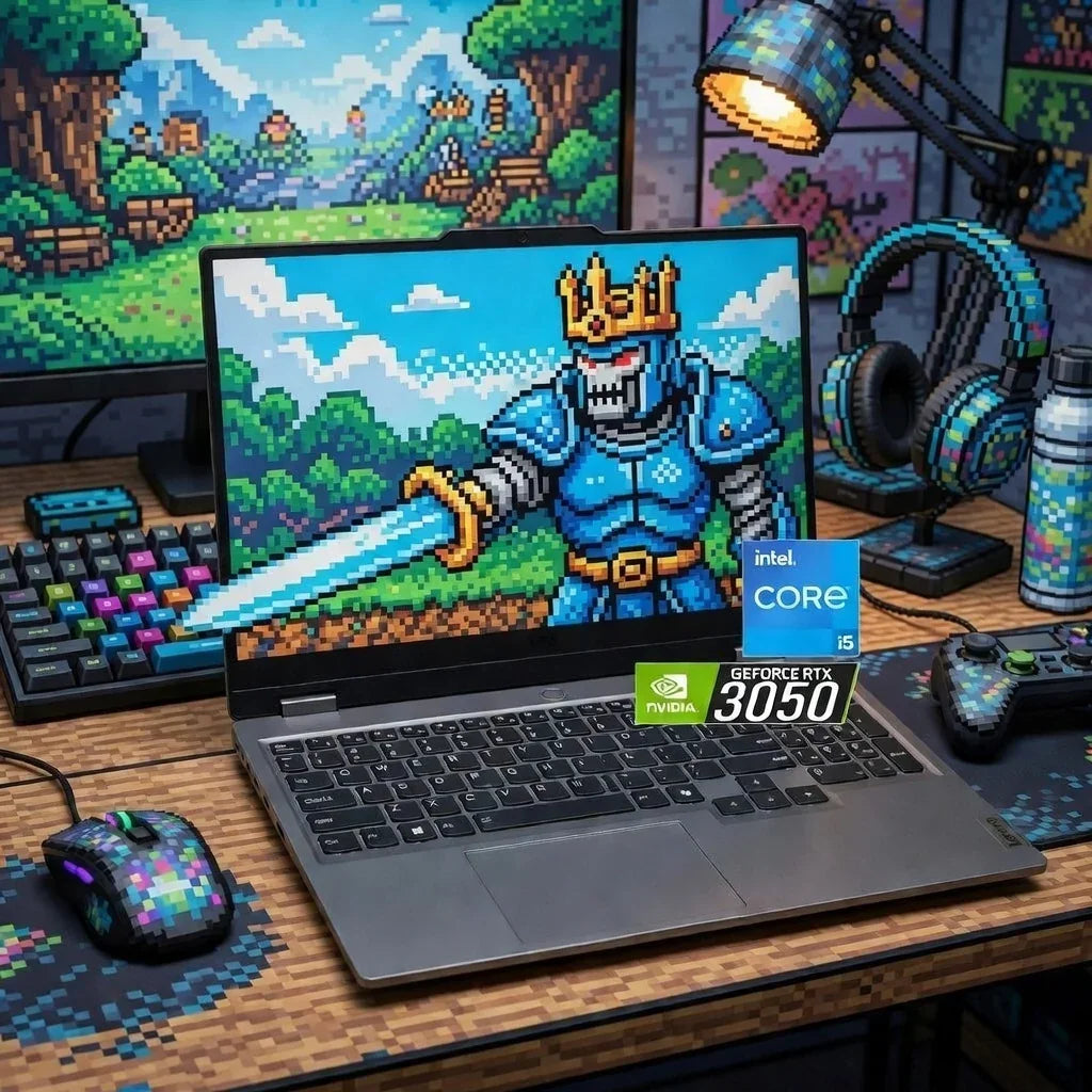 Gaming laptop with Intel Core i5 and GeForce RTX 3050, surrounded by retro 8-bit gaming gear.