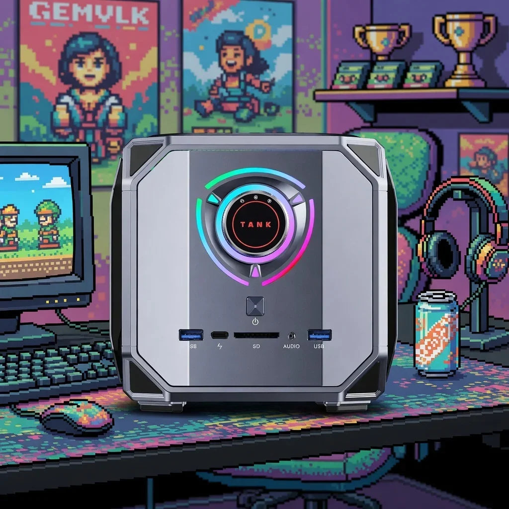 Retro-style gaming desktop with RGB lighting on a pixel art desk, 8-bit decor, and accessories.