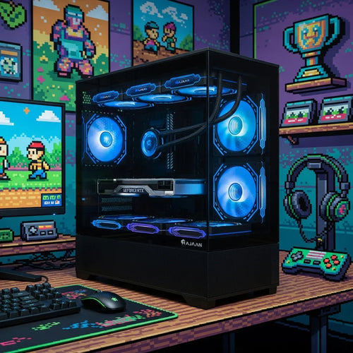 Gaming PC with RGB fans on a desk, surrounded by retro 8-bit gaming decor and accessories