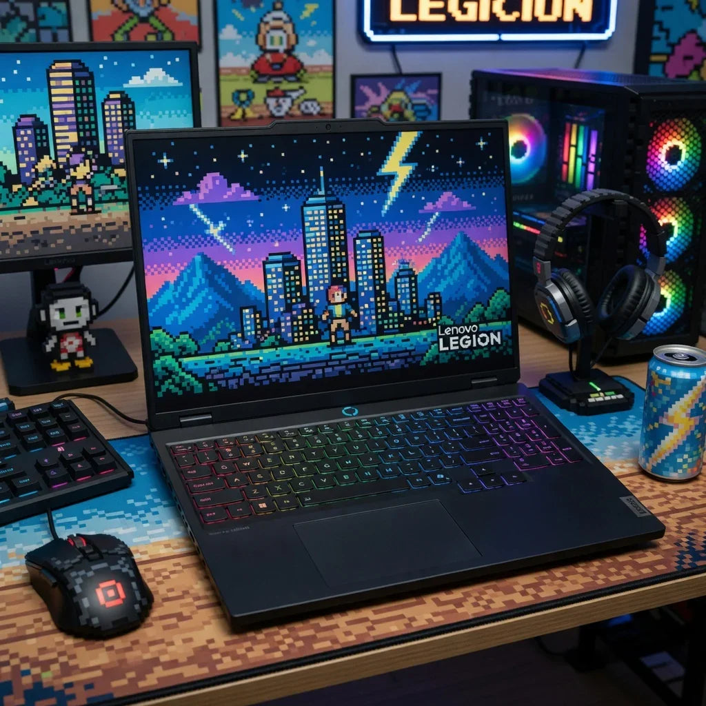 Lenovo Legion gaming laptop and RGB keyboard on desk with 8-bit pixel art gaming decor