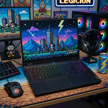 Lenovo Legion gaming laptop and RGB keyboard on desk with 8-bit pixel art gaming decor