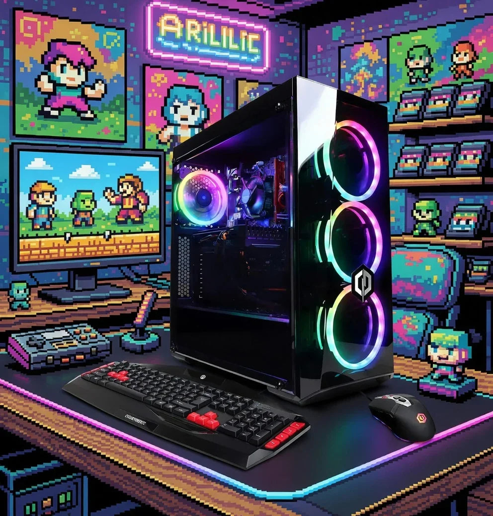 RGB gaming PC setup with illuminated keyboard and mouse on a retro 8-bit pixel art desk