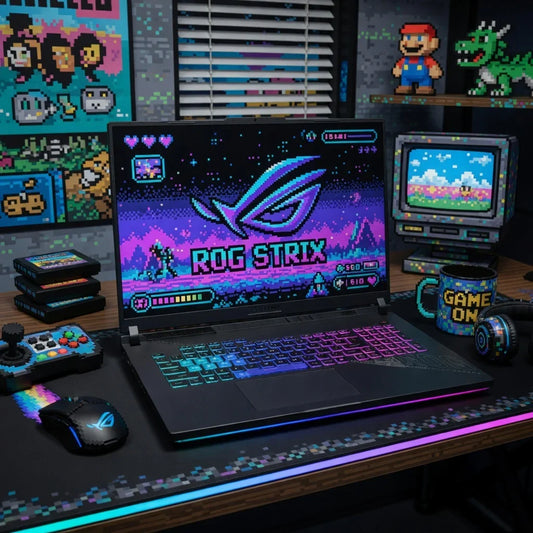 Retro gaming desk setup with RGB laptop, pixel art decor, mechanical keyboard, and game controllers