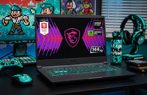 Gaming laptop with RGB keyboard, 8-bit themed mouse, controller, and headset on desk