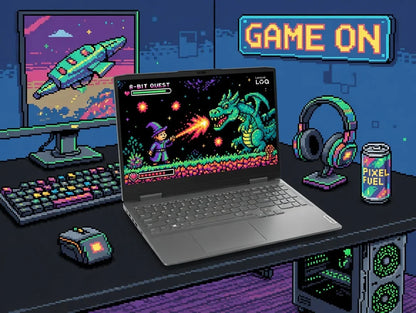Retro gaming desk setup with 8-bit art, RGB keyboard, mouse, laptop, headset, and PC