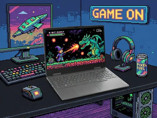 Retro gaming desk setup with 8-bit art, RGB keyboard, mouse, laptop, headset, and PC