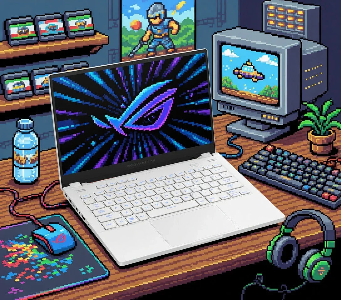 Pixel art gaming desk setup with white laptop, RGB keyboard, retro monitor, mouse, and headphones.