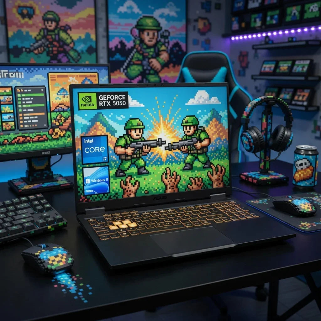 Retro gaming setup with 8-bit themed laptop, keyboard, mouse, and pixel art decor