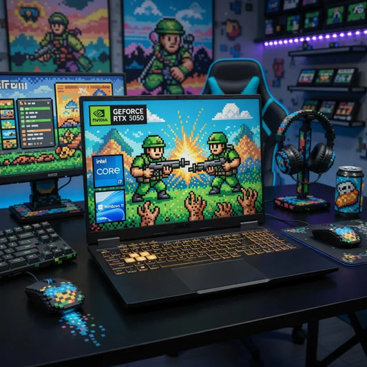 Retro gaming setup with 8-bit themed laptop, keyboard, mouse, and pixel art decor