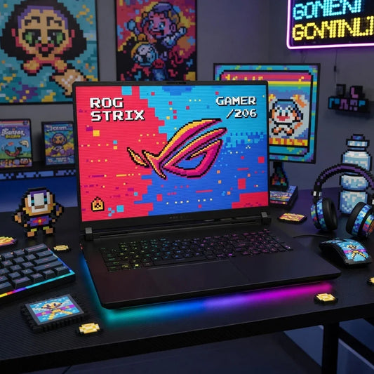 8-bit gaming setup with ROG Strix laptop, RGB keyboard, gaming mouse, headset, pixel art decor