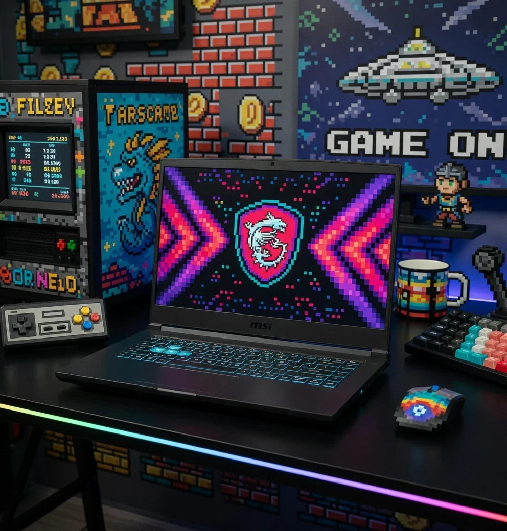 Retro gaming setup with 8-bit decor, RGB keyboard, mouse, and MSI laptop on desk