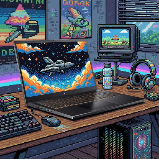 Retro gaming setup with pixel art laptop, mechanical keyboard, headset, and RGB PC