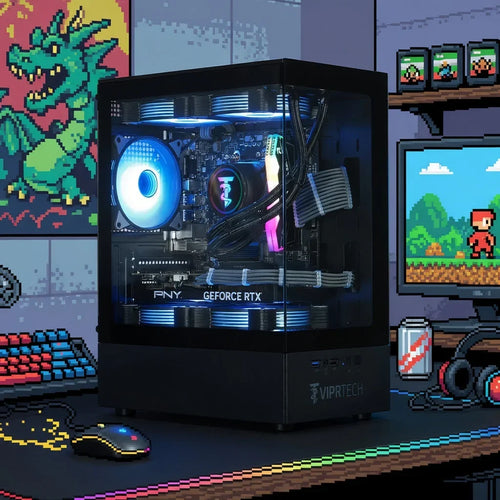 RGB gaming PC with glass case and GeForce RTX graphics, retro 8-bit gamer setup