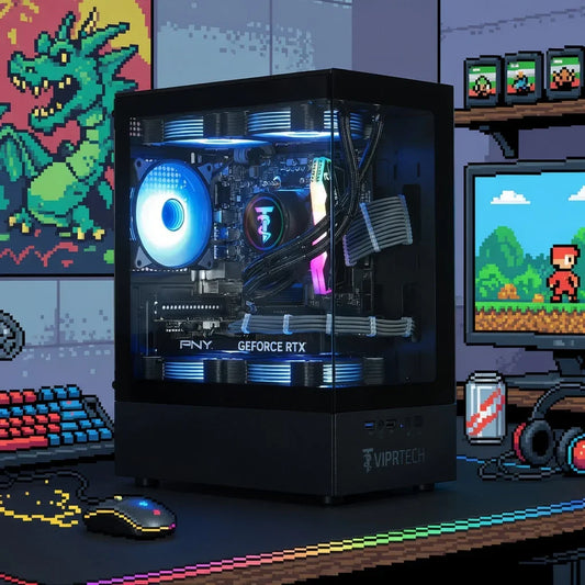 RGB gaming PC with glass case and GeForce RTX graphics, retro 8-bit gamer setup
