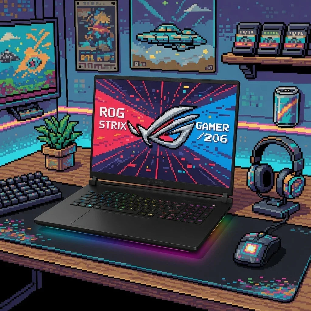 Pixel art gaming setup with RGB keyboard, laptop, mouse, headphones, and monitors
