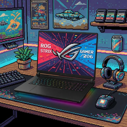Pixel art gaming setup with RGB keyboard, laptop, mouse, headphones, and monitors