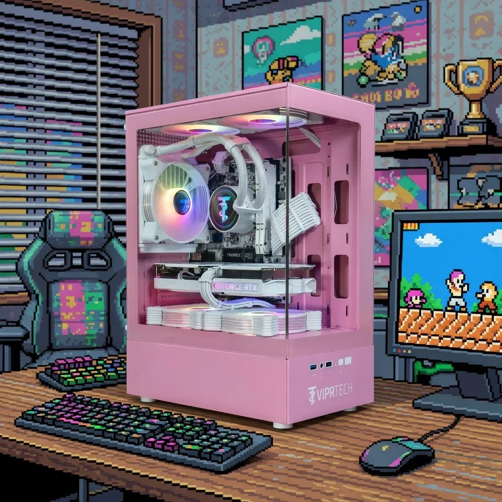 Pink gaming PC with RGB lighting on a desk in a retro 8-bit gaming room setup.
