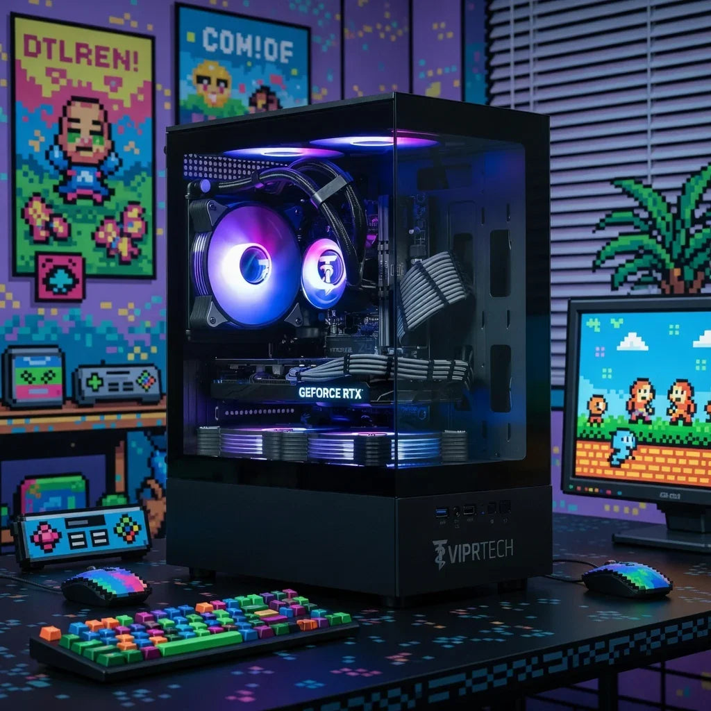 RGB gaming PC setup with GeForce RTX, 8-bit retro decor, mechanical keyboard, and mouse