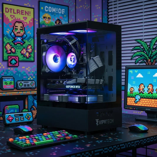 RGB gaming PC setup with GeForce RTX, 8-bit retro decor, mechanical keyboard, and mouse