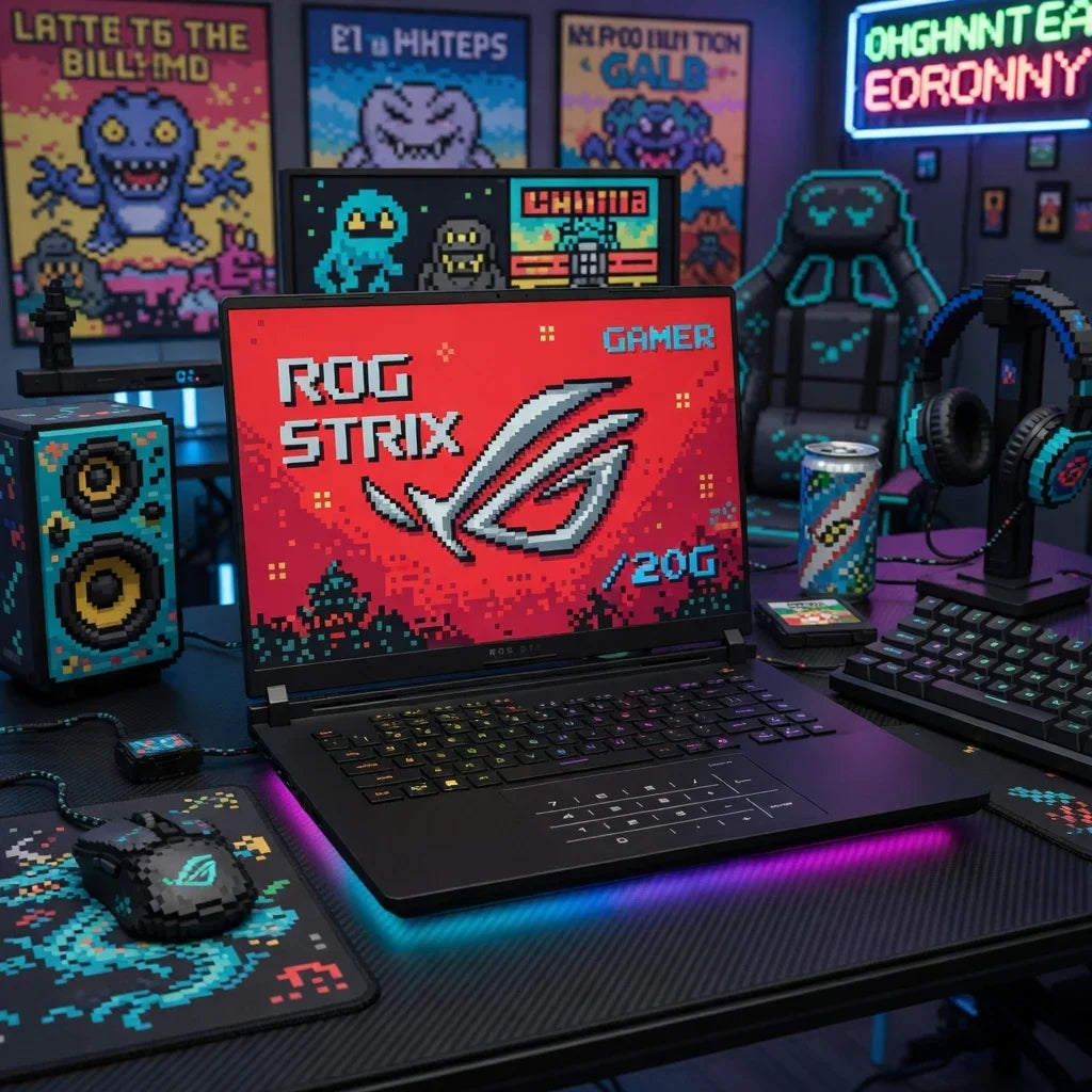 Retro gaming setup with 8-bit style laptop, keyboard, mouse, and pixel art decor
