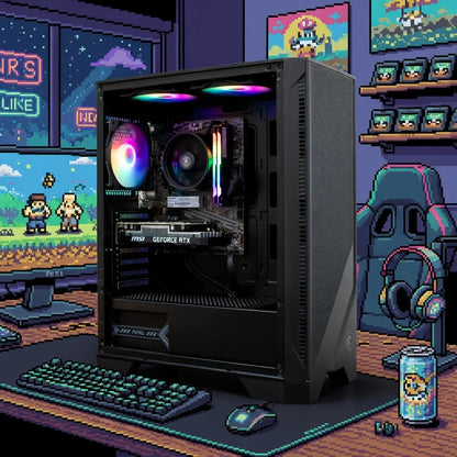 RGB gaming PC setup with mechanical keyboard, mouse and pixel art decor in retro gamer room