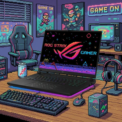 Pixel art gaming setup with RGB laptop, mechanical keyboard, mouse, headset, and retro posters