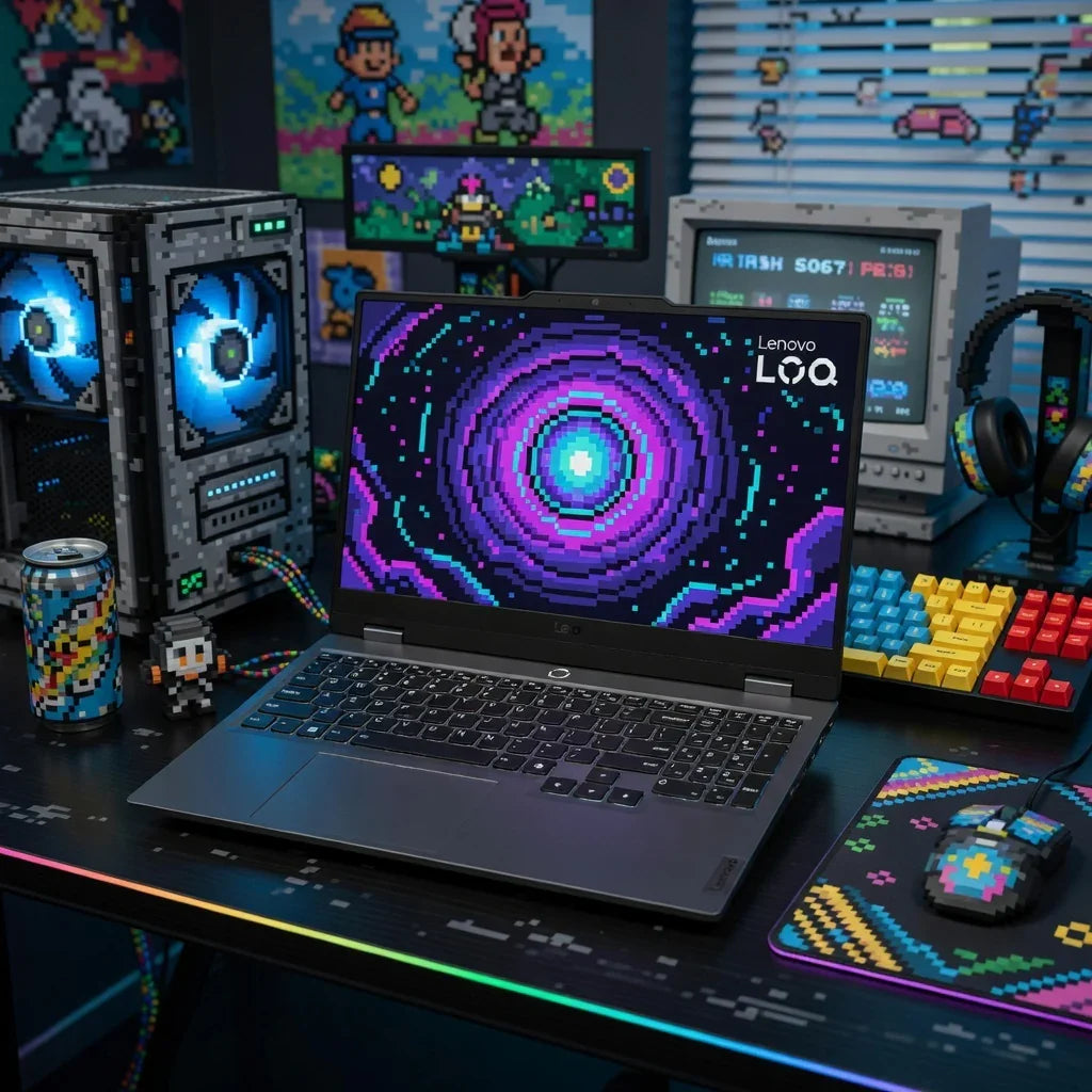 Retro gaming setup with a Lenovo LOQ laptop, 8-bit desktop PC, colorful RGB keyboard, headset, and pixel art decor
