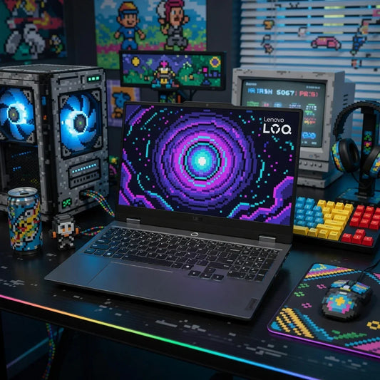 Retro gaming setup with a Lenovo LOQ laptop, 8-bit desktop PC, colorful RGB keyboard, headset, and pixel art decor