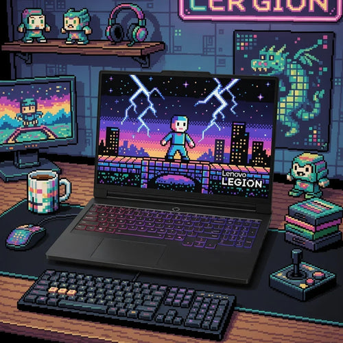 Retro gaming setup with RGB keyboard, laptop, headphones, and 8-bit pixel art decor