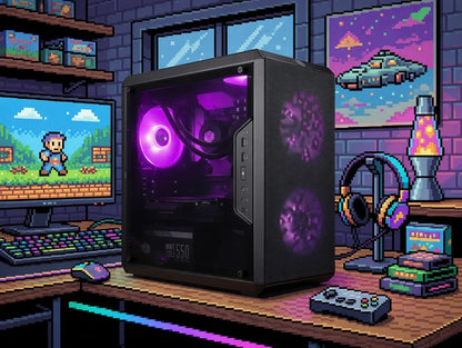 Custom gaming PC with RGB lighting in a retro 8-bit pixel art gaming setup
