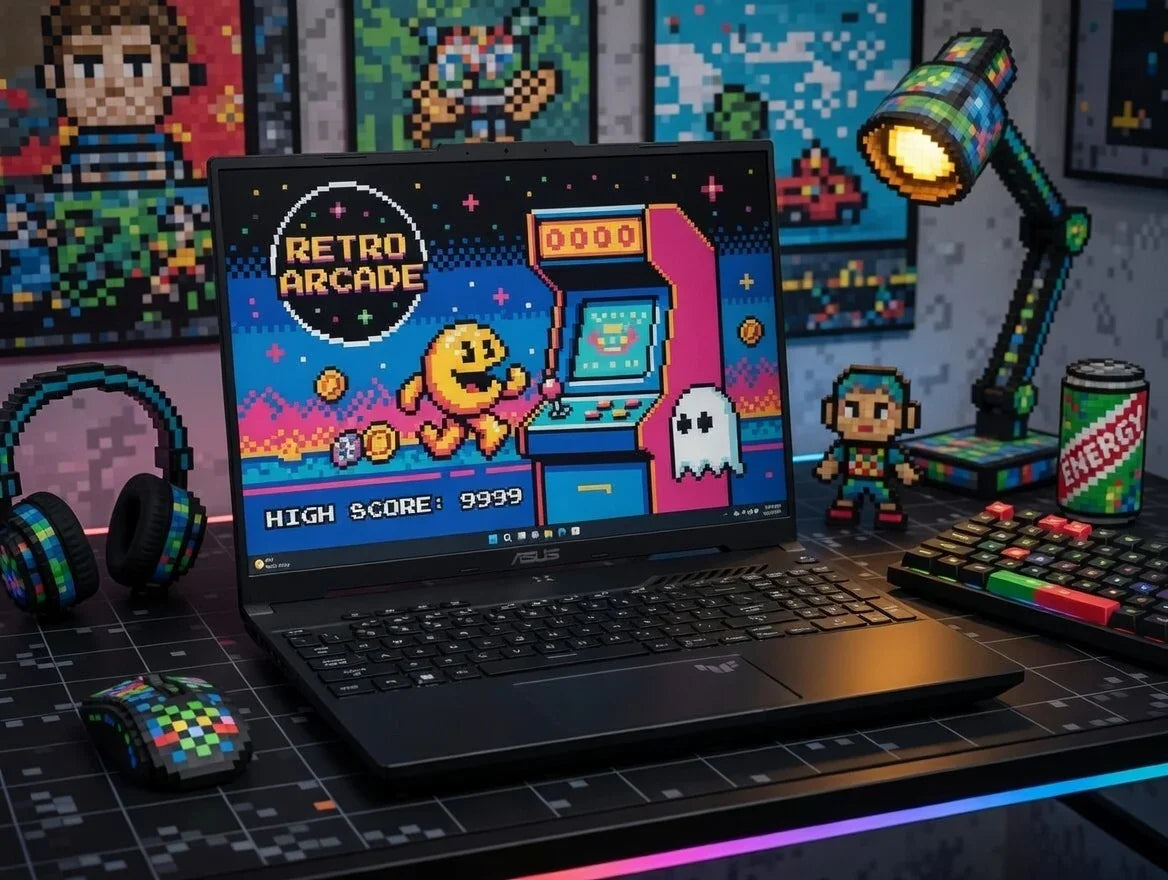 Retro gaming setup with 8-bit art laptop, RGB keyboard, pixel headphones, and pixel decor.