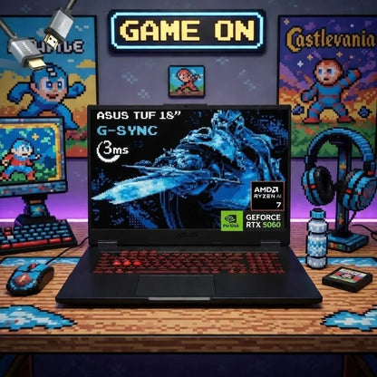 ASUS TUF gaming laptop with RGB keyboard on retro 8-bit themed gaming desk setup