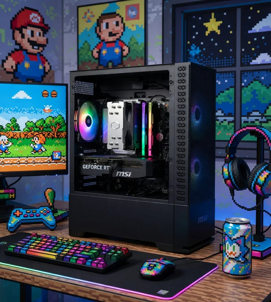 RGB gaming PC setup with pixel art accessories, mechanical keyboard, mouse, 8-bit gaming decor