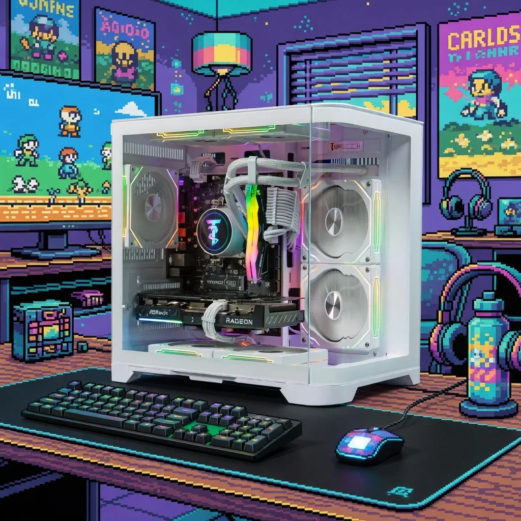 RGB gaming PC with transparent case, mechanical keyboard, and mouse on pixel art desk setup