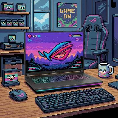 Pixel art gaming setup with RGB keyboard, gaming laptop, retro mouse, and ergonomic chair