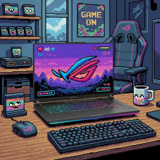 Pixel art gaming setup with RGB keyboard, gaming laptop, retro mouse, and ergonomic chair