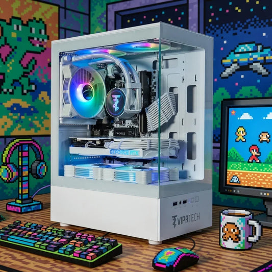 Custom RGB gaming PC with retro 8-bit themed keyboard, mouse, and pixel art decor