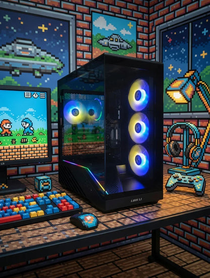 RGB gaming PC setup with pixel art keyboard, mouse, and retro 8-bit gaming decor