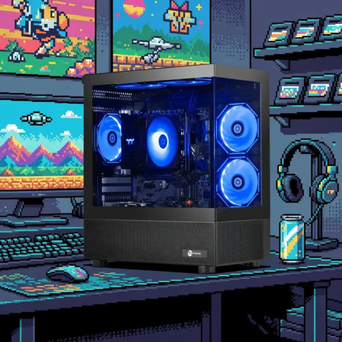 RGB gaming PC with blue fans on a desk, surrounded by retro 8-bit pixel art decor and monitors