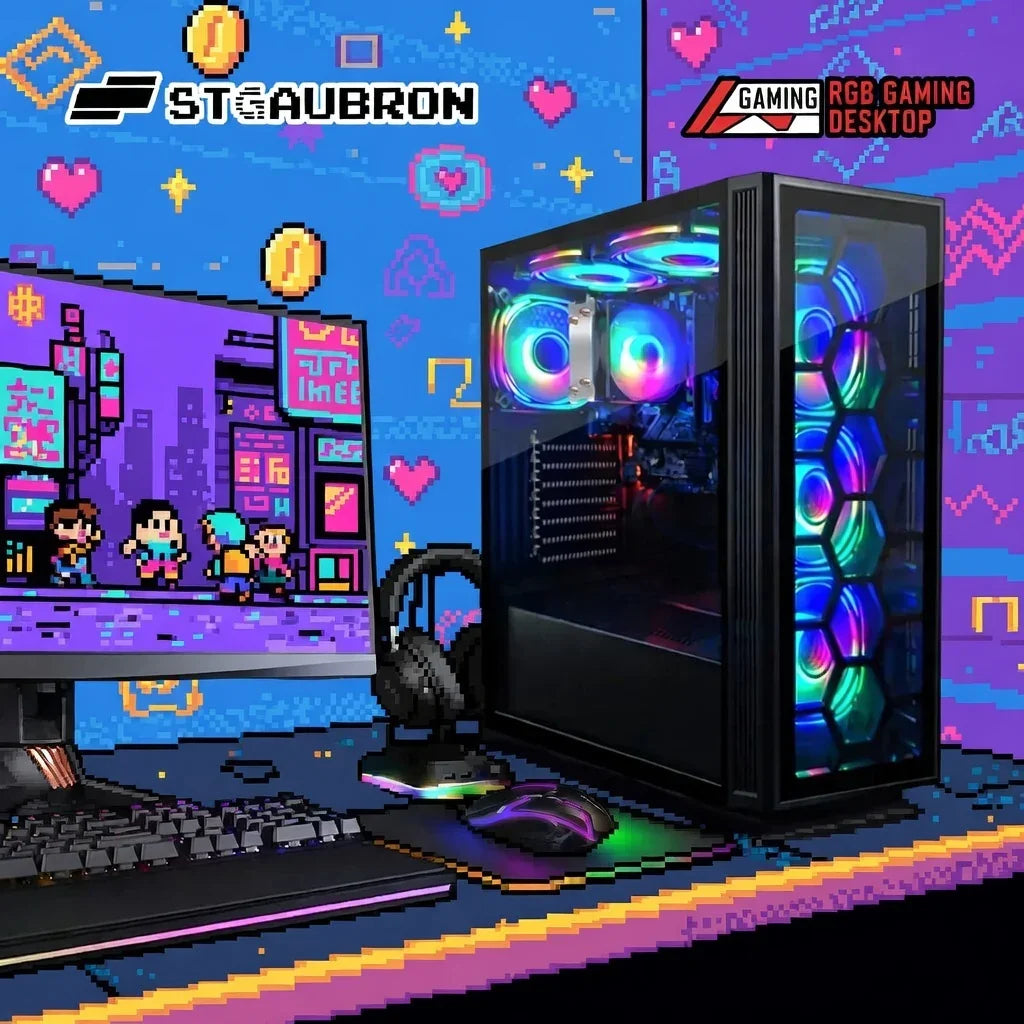 RGB gaming PC desktop with LED fans, keyboard, mouse, and retro pixel art background