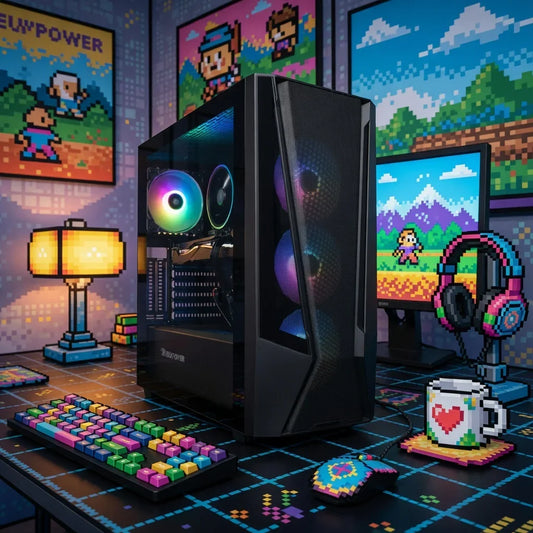 Retro 8-bit themed gaming setup with RGB PC, mechanical keyboard, mouse, headset, and pixel art decor.