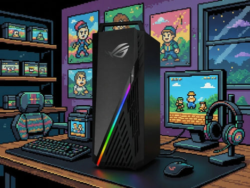 RGB gaming PC with 8-bit retro style, keyboard, mouse, headset, and pixel art decor