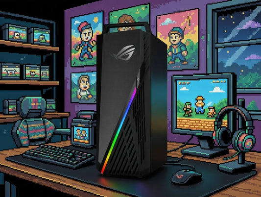 RGB gaming PC with 8-bit retro style, keyboard, mouse, headset, and pixel art decor