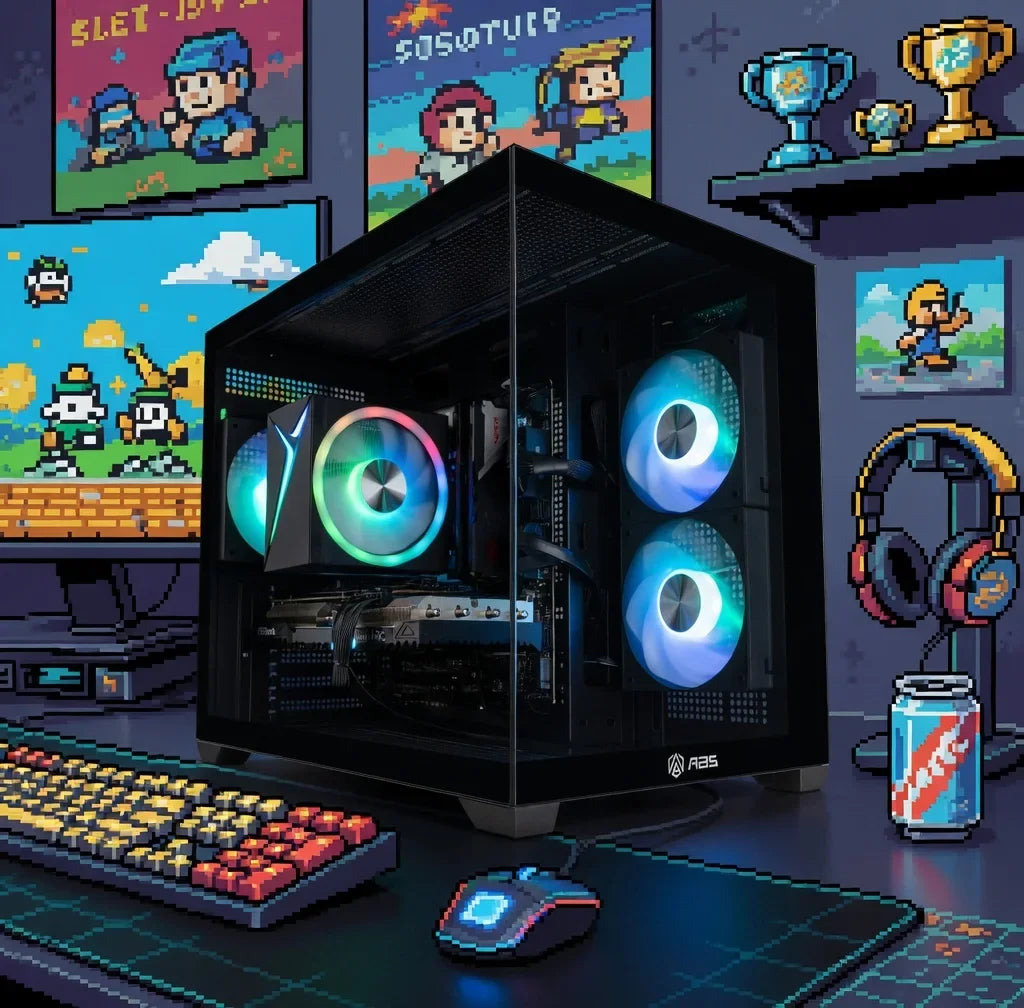 Retro gaming setup with RGB PC, pixel art keyboard, mouse, and 8-bit decor