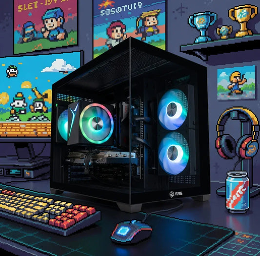 Retro gaming setup with RGB PC, pixel art keyboard, mouse, and 8-bit decor