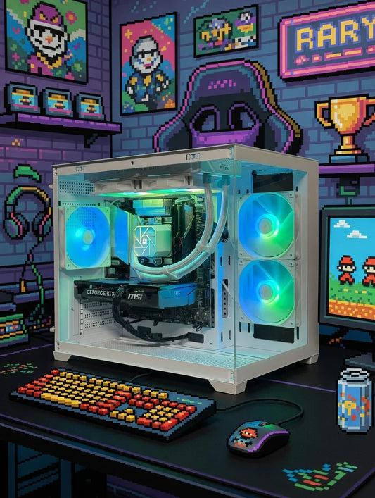 RGB gaming PC with GeForce RTX, pixel art keyboard, mouse, and retro 8-bit gaming decor