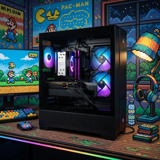 RGB gaming PC with retro 8-bit decor, mechanical keyboard, and pixel art gaming setup