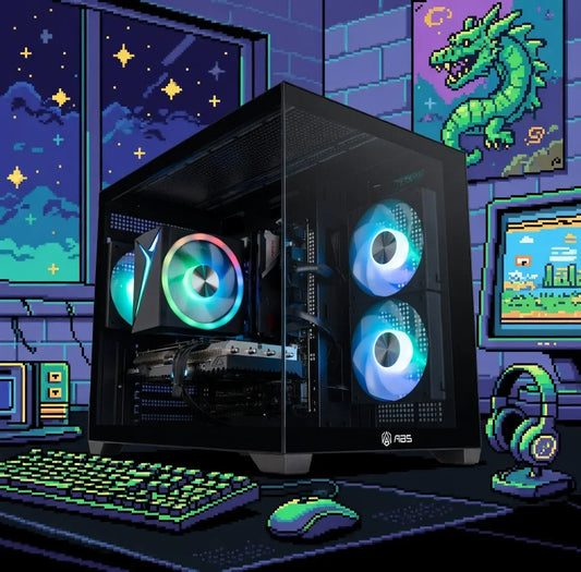RGB gaming PC with transparent case in retro 8-bit room, featuring keyboard, mouse and headset.